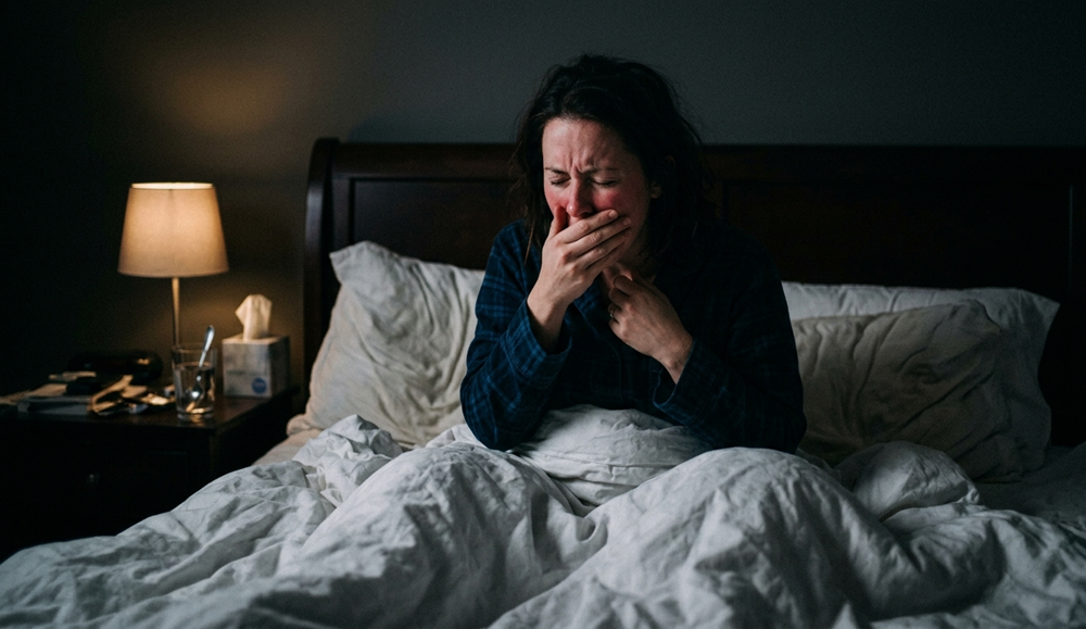 Geschlossenes Fenster nachts im Schlafzimmer – trockene Heizungsluft begünstigt nächtlichen Husten
