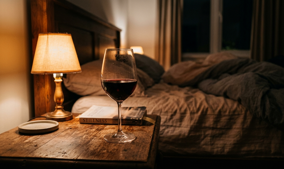 Glas Wein auf dem Nachttisch