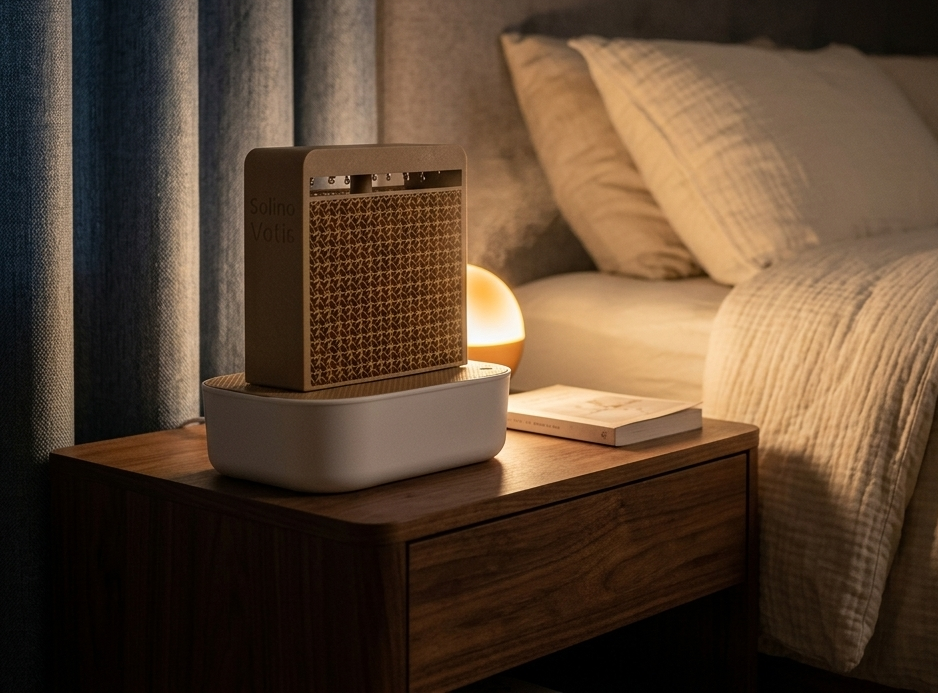 SalinoVatis Mini Saline in a wood finish on a bedside table next to the bed, in lamplight