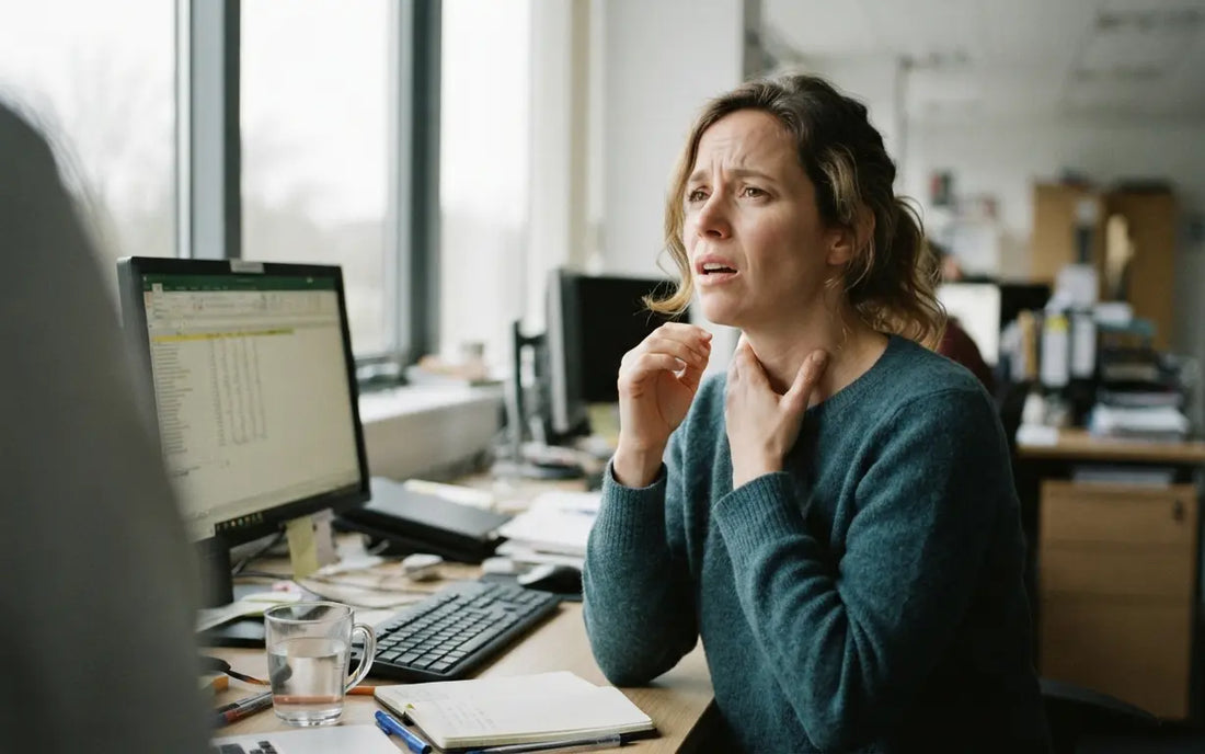 Frau fasst sich im Büro an den Hals