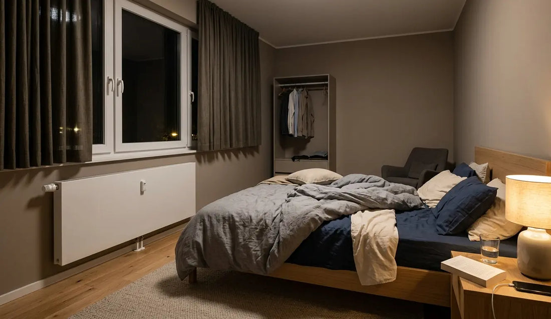 Modernes Schlafzimmer mit Bett und Heizung