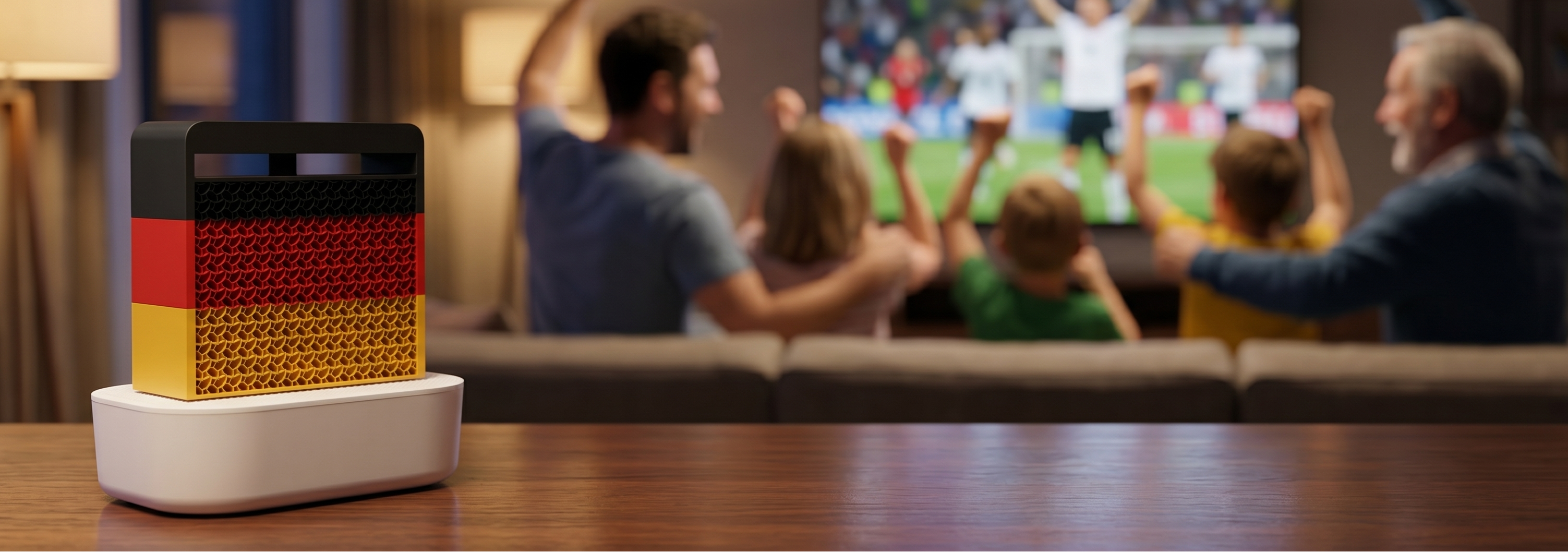 Mini Saline in den Farben der deutschen Flagge auf einem Wohnzimmertisch und im Hintergrund eine Familie, die Fußball guckt.