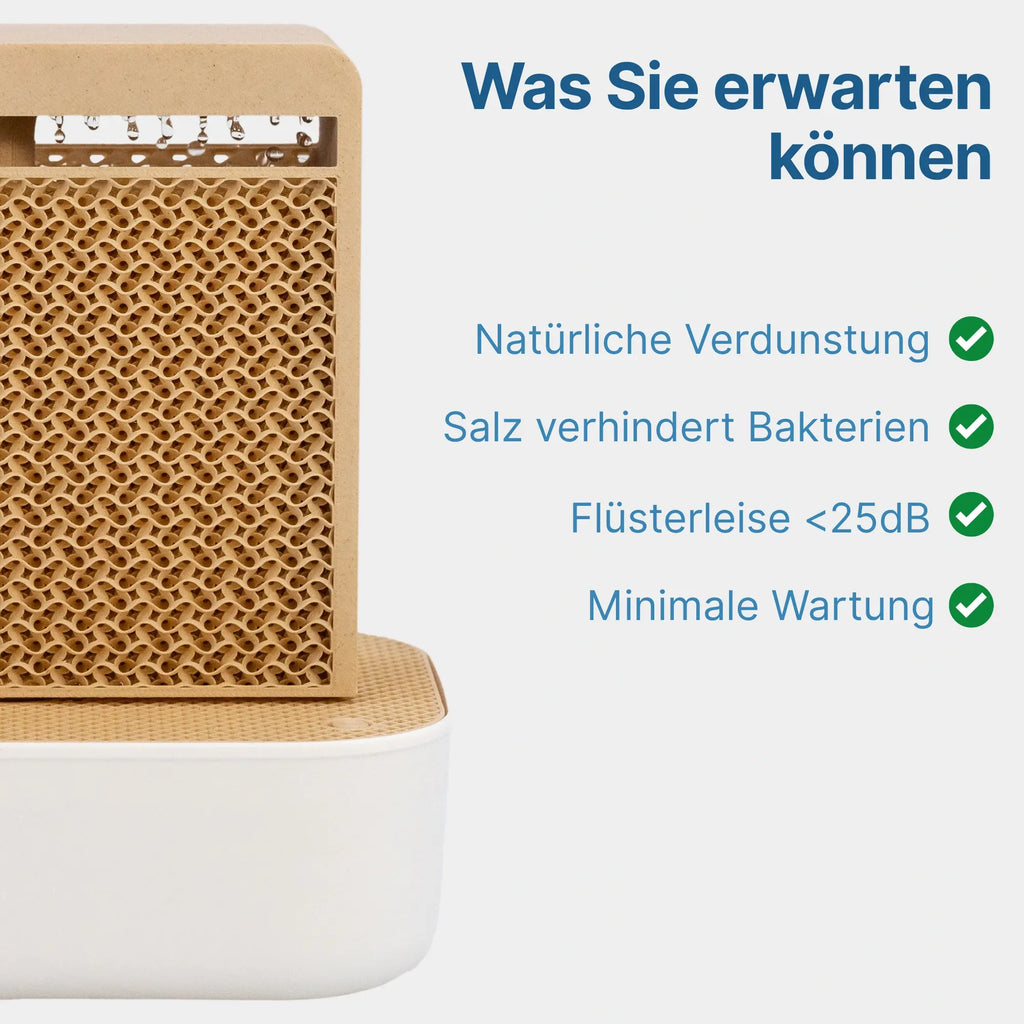 Salino Aura Mini-Saline mit Wassertank und Verdunstungselement; Werbegrafik mit den Vorteilen natürliche Verdunstung, Salz verhindert Bakterien, flüsterleise unter 25 dB und minimale Wartung.