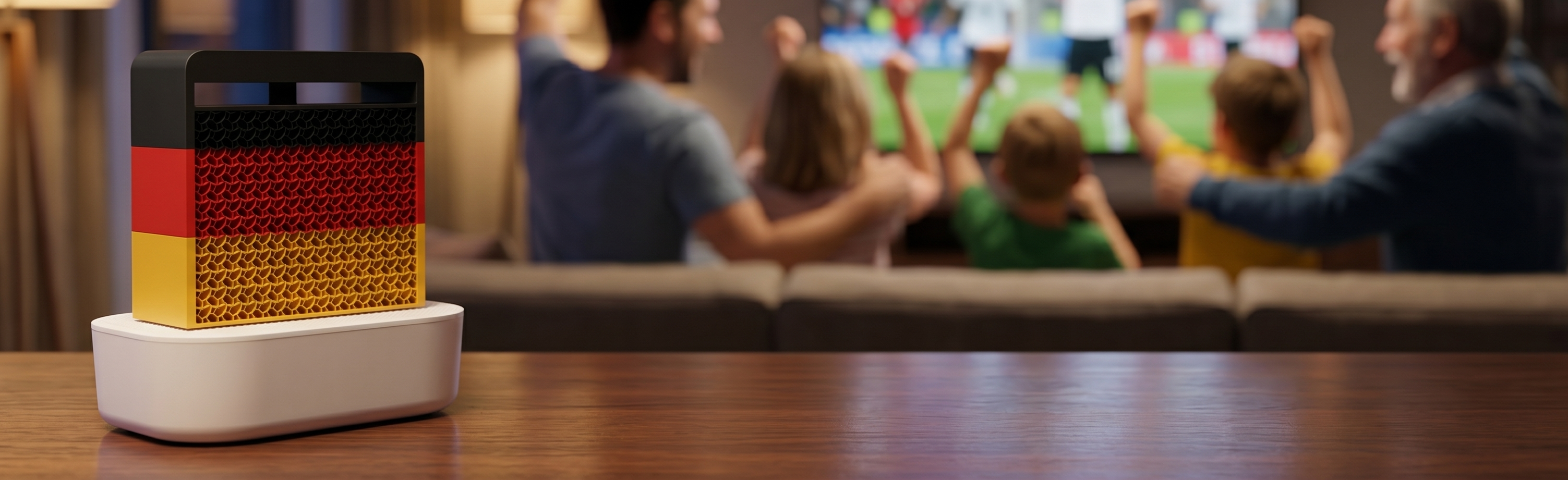 SalinoVatis WM Edition in den Farben der deutschen Flagge auf einem Wohnzimmerregal. Im Hintergrund eine Familie, die Fußball guckt.